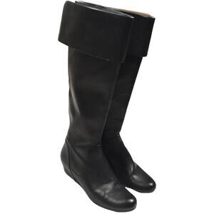 Crown Vintage Lulu Knee-High Boots Black Faux Leather Foldover Wedge Women's 8